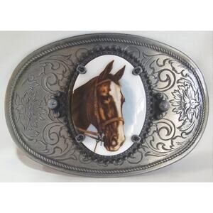 Vintage Country Western Engraved Metal Belt Buckle with Oval Horse Portrait